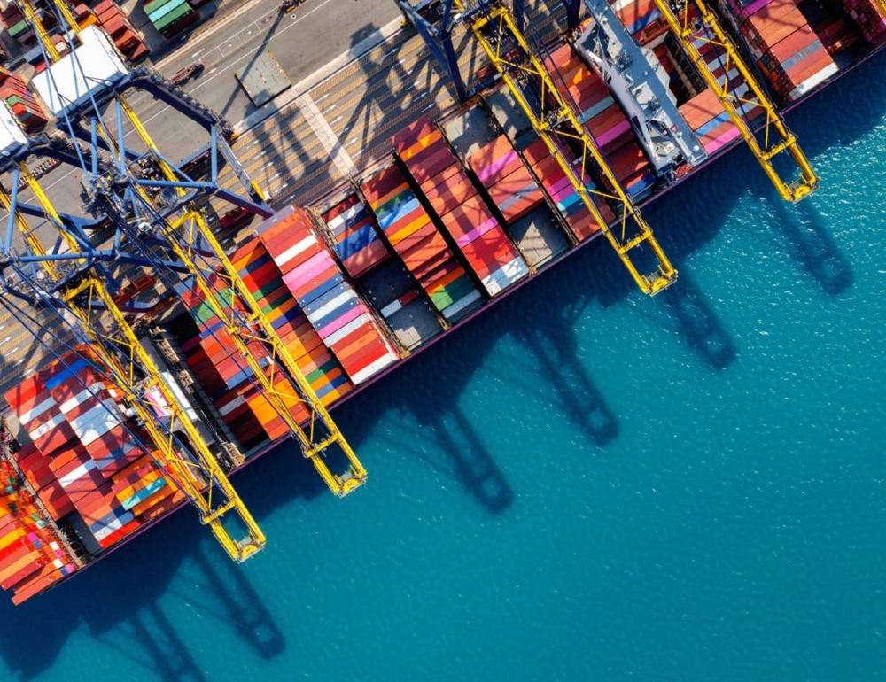 Aerial View Cargo Ship Cargo Container Harbor Min